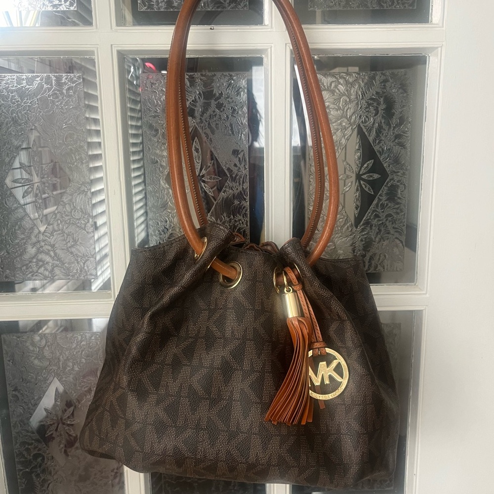 Michael Kors Brown Logo Drawstring Shoulder Bag | Designer Handbag